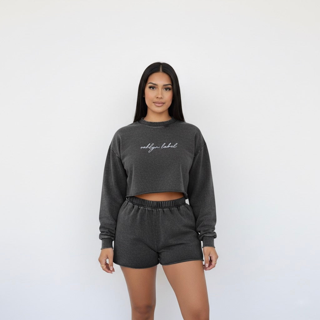 Snow Washed Raw Edge Cropped Sweatshirt