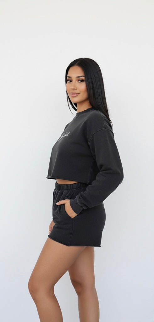 Snow Washed Raw Edge Cropped Sweatshirt